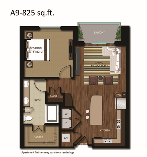 Floor plan for 1 bed, 1 bath, 825 sqft